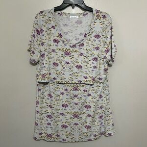 Bearsland Nursing Top Women XL Gray Purple Floral Maternity Short Sleeve V-Neck
